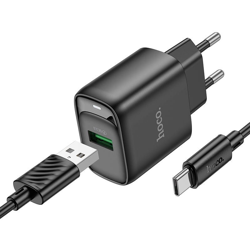 Încărcător Hoco C140A | 18W QC 3.0 | USB-A + cablu USB-C | Negru — vedere 1