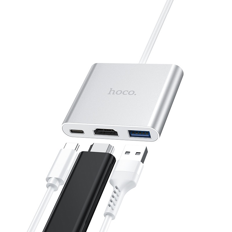 Adaptor Hoco HB14 | USB-C – HDMI + USB 3.0 + PD | Argintiu — vedere 2