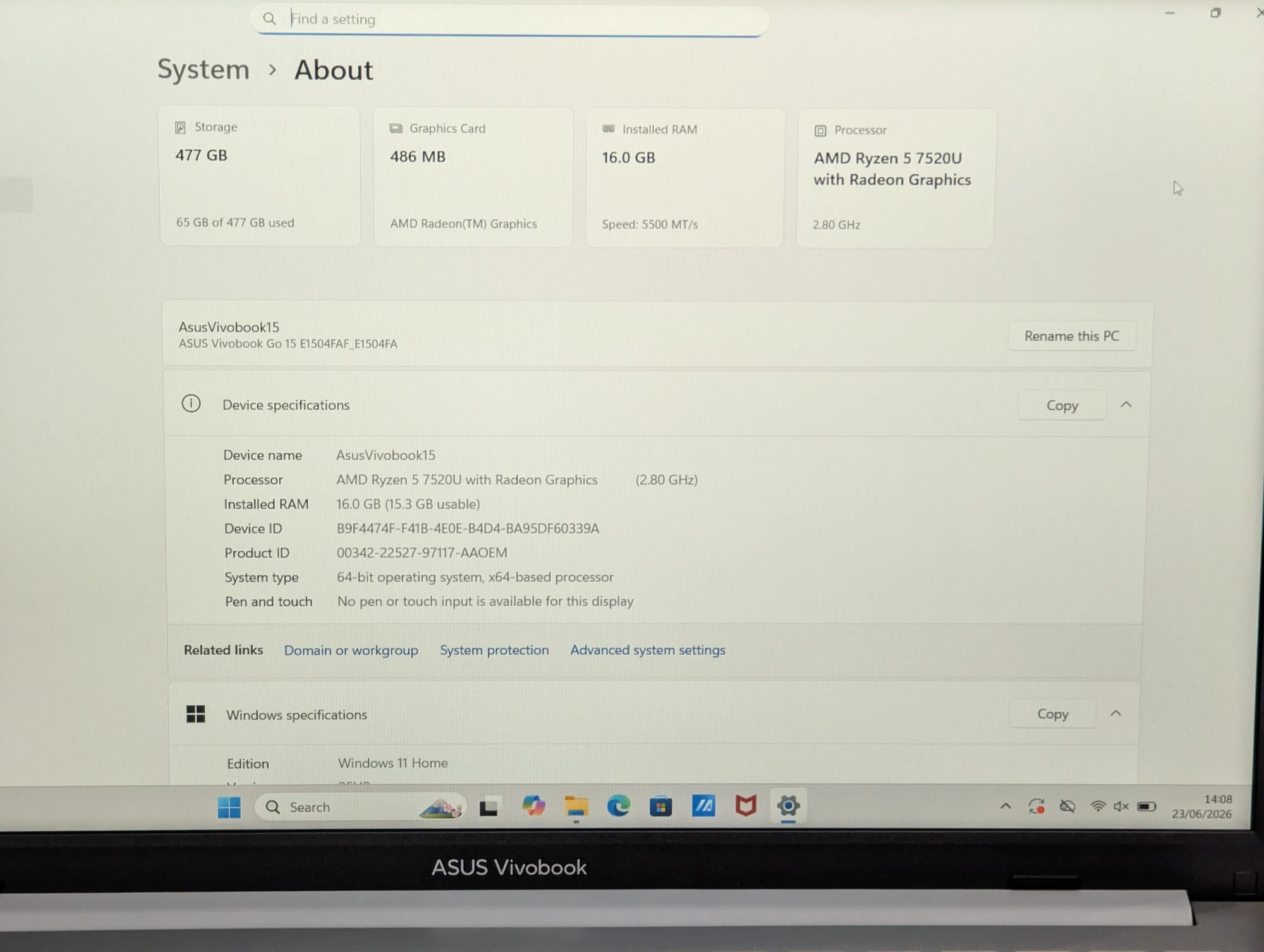 Nou! ASUS Vivobook 15 | Ryzen 5 7520U | 16GB | 512GB | AMD Radeon Graphics | 15.6″ Full HD — miniatură 16